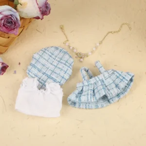 Handmade Chic Suspender Skirt Set for Labubu Doll - Sky Blue Outfit Flatlay with Suspender Skirt, Striped Top & Hat Details