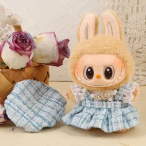 Handmade Chic Suspender Skirt Set for Labubu Doll - Sky Blue Outfit with Contrast Strap Suspenders, Striped Top & Pom-pom Hat