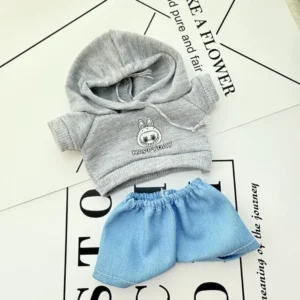 Handmade Sweater Set for Labubu Doll - Gray Outfit Flatlay with Hat, Sweater, Jeans & Soft Knit Fabric Details