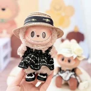 Handmade Chic Tweed Style Set for Labubu Doll - Black Outfit with Herringbone Skirt, Pearl Necklace & Bow Hat