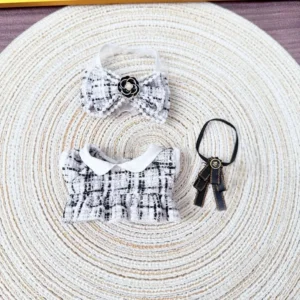 Handmade Tweed Style Set for Labubu Doll - White Outfit Flatlay with Skirt, Bow & Soft Tweed Fabric Texture