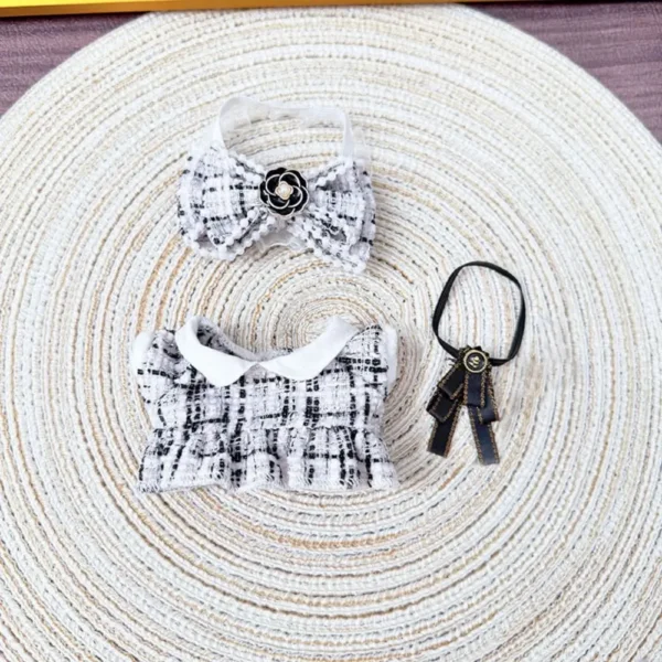 Handmade Tweed Style Set for Labubu Doll - White Outfit Flatlay with Skirt, Bow & Soft Tweed Fabric Texture